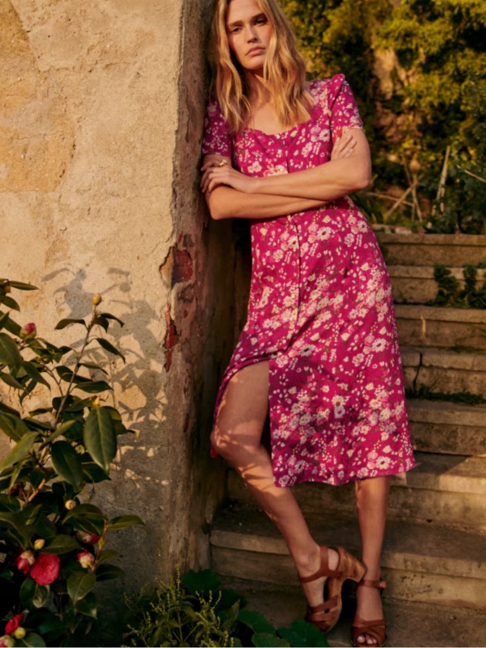 Sezane Victoria Midi Dress Minorca Fuschia Floral Size 12 - Picture 2 of 8